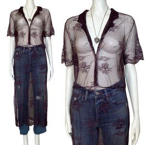 Laundry by Shelli Segal Purple Sheer Lace Duster Dress Sz 10 Whimsigoth Festival